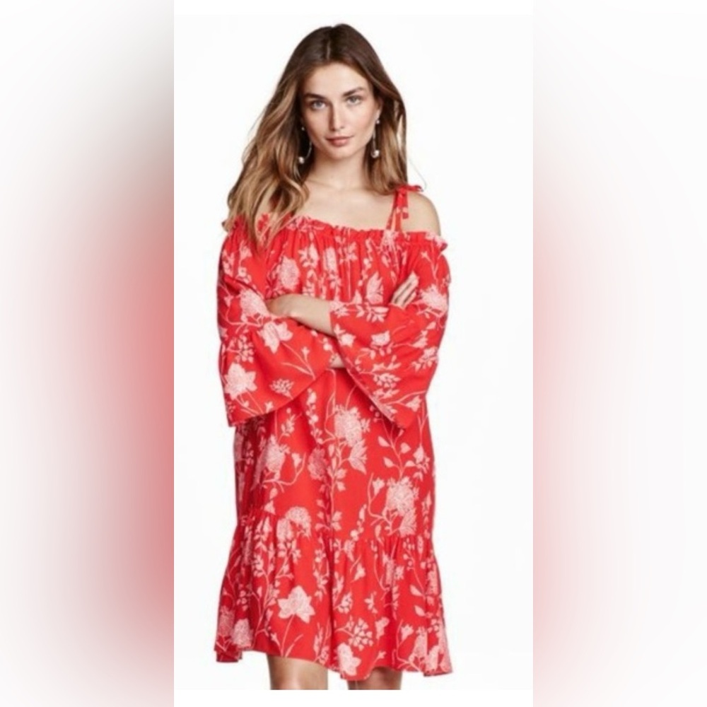 H&M Red Floral Off The Shoulder Dress